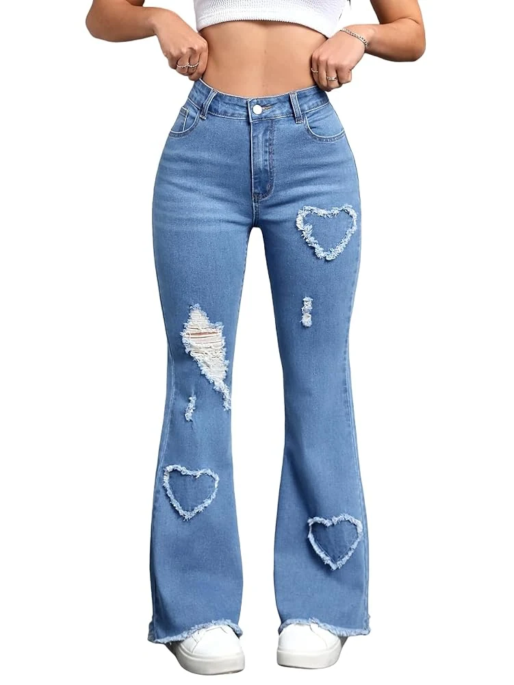 FUNSEED Heart Distressed Wide-Leg Jeans
