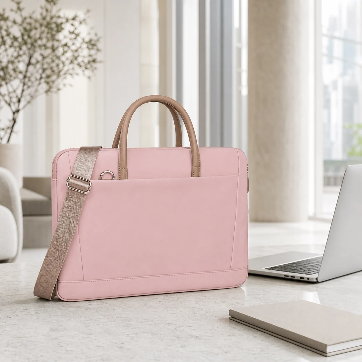 FUNSEED blush laptop briefcase in a modern work lounge