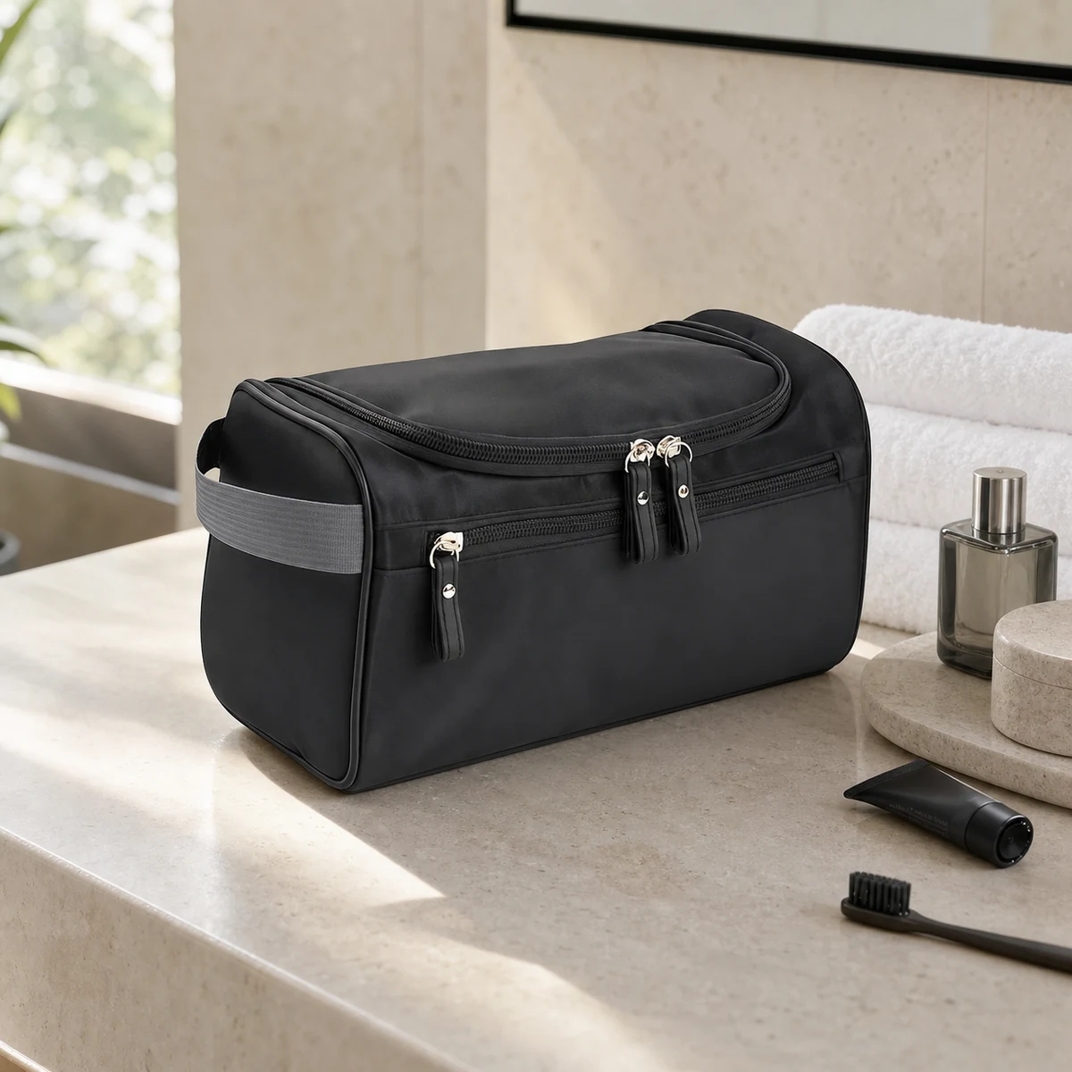 FUNSEED black travel toiletry bag in a hotel bathroom